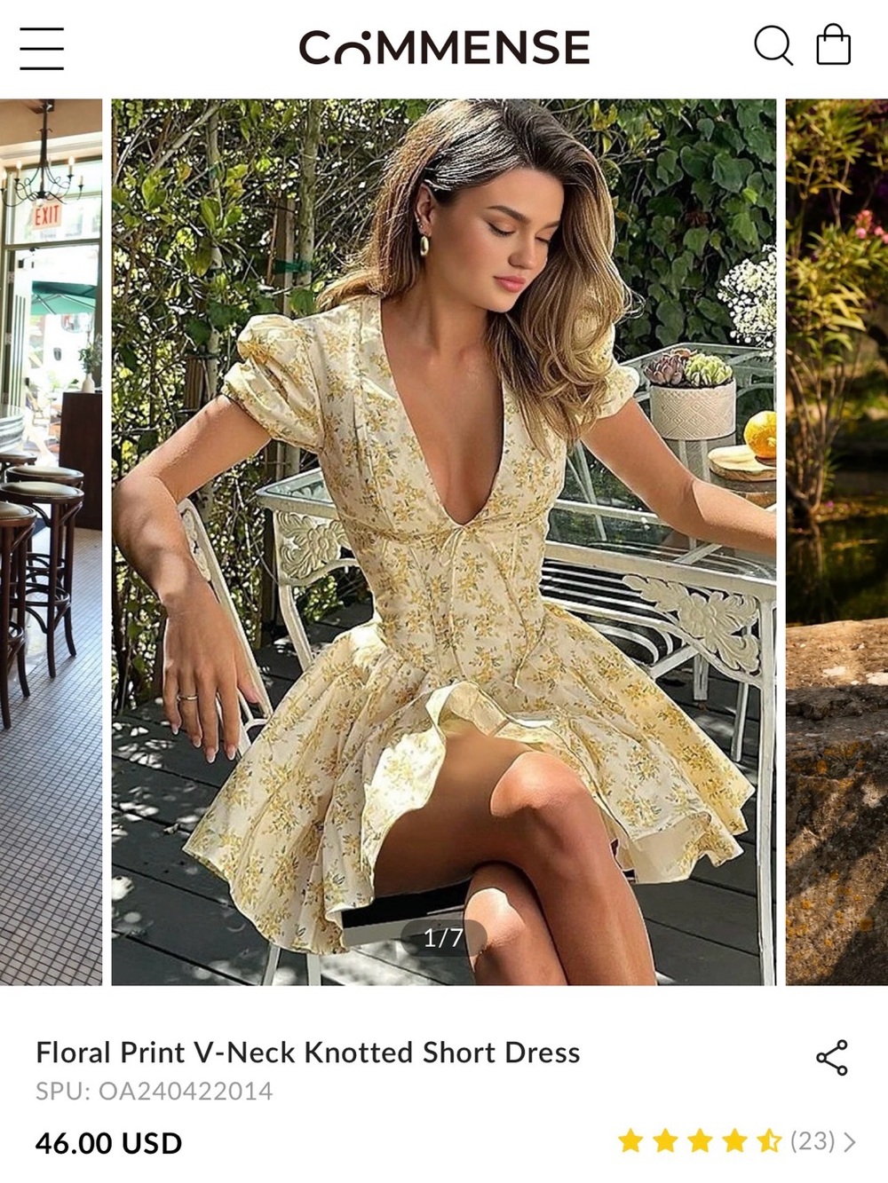 Commense Yellow Floral V-Neck Knotted Mini Dress